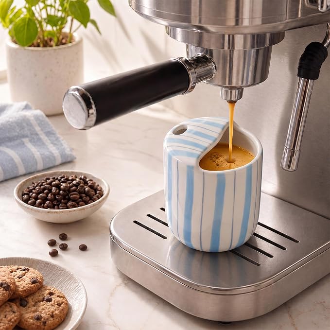 Ceramic Mug with Sip Hole 10 oz Light Blue Striped Ceramic Coffee Mug Hand Painted Travel Mugs Heat Resistant Non Slip Built in One Lid Handcraft Mugs for Coffee Lovers Appreciation Gift