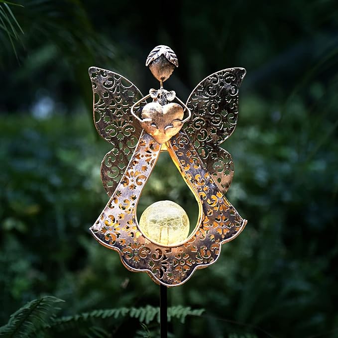 KAIXOXIN LEDs Solar Stake Lights for Garden Metal Warm White, Memorial Gift - Perfect as Remembrance & Sympathy Gifts (Angel-Bronze) (Angel)