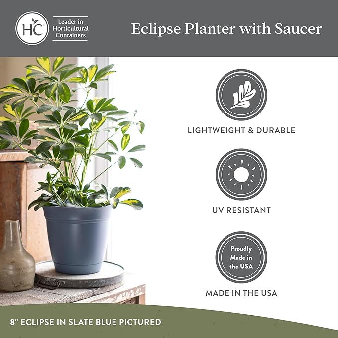 The HC Companies 12 Inch Eclipse Round Planter Pots with Drainage Holes & Attached Saucer, Lightweight UV-Resistant Plastic Indoor Outdoor Planters, 2-Pack Flower Pots for Garden & Home Decor, Seafoam