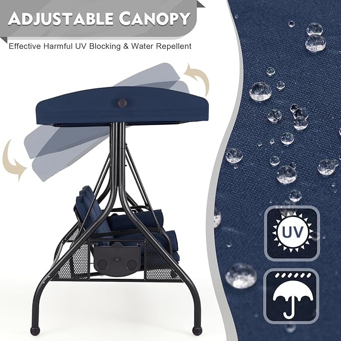 HOMREST 3 Seat Outdoor Porch Swing with Adjustable Canopy, Convertible Patio Swing Bed with Stand, Patio Glider Swing with Upgraded Cup Holder, Thicken Cushions & Pillow for Backyard (Blue)
