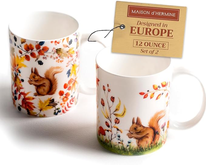 Maison d' Hermine Coffee Mug with Handles Tea Cups (12 Ounce, Pack of 2) | Fine Bone China Coffee Mugs for Hot Beverages Cappuccino Latte Home Restaurant Hotel Spring Summer -Sous-Bois