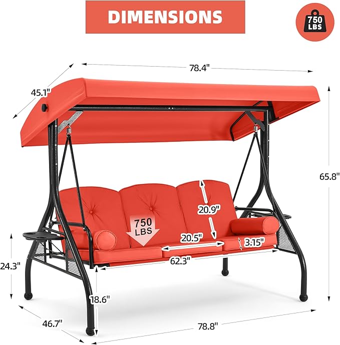 HOMREST 3 Seat Outdoor Porch Swing with Adjustable Canopy, Convertible Patio Swing Bed with Stand, Patio Glider Swing with Upgraded Cup Holder, Thicken Cushions & Pillow for Backyard(Orange)