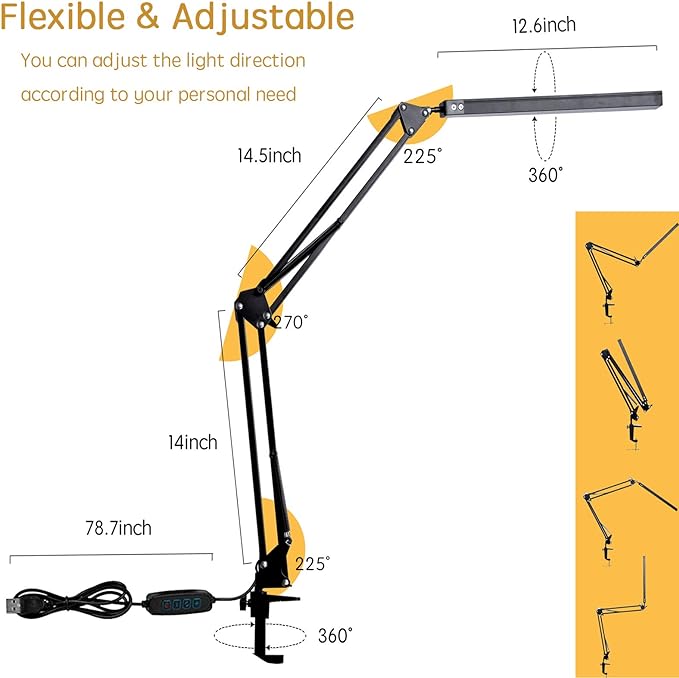 LED Desk Lamp, Adjustable Swing Arm Lamp with Clamp, Eye-Caring Reading Light, 10 Brightness Levels, 3 Lighting Modes, Memory Function Lamps for Home Office Adapter (Black)