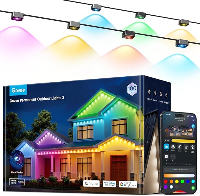 Govee Permanent Outdoor Lights 2, 150ft RGBIC Outdoor Lights with 108 LED Lights, IP67 Waterproof, 100 Scene Modes with 40lm White for Outdoor Decorations, Works with Alexa, Google Assistant, Black