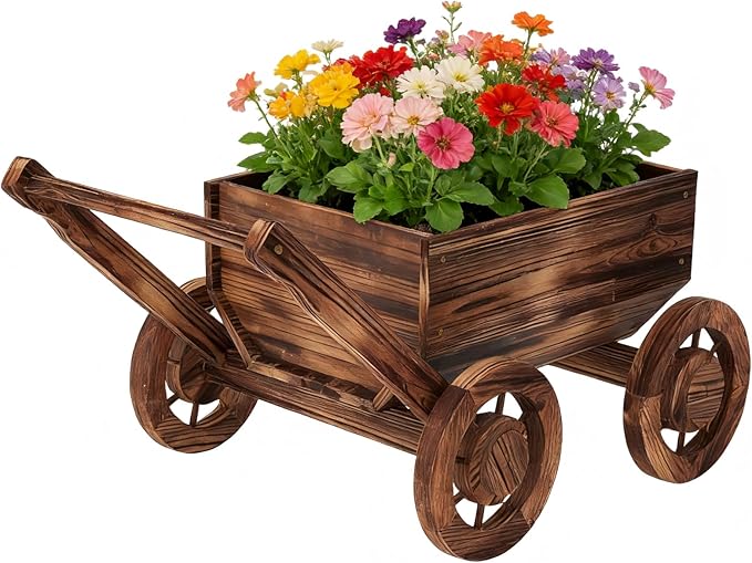 Wooden Flower Cart with Wheels Wooden Wagon Planter Outdoor Garden Planter Decor Planter Kit for Patio Balcony Trolley Decoration Succulent Flower Pot, Indoor Backyard Balcon Decor(Small)