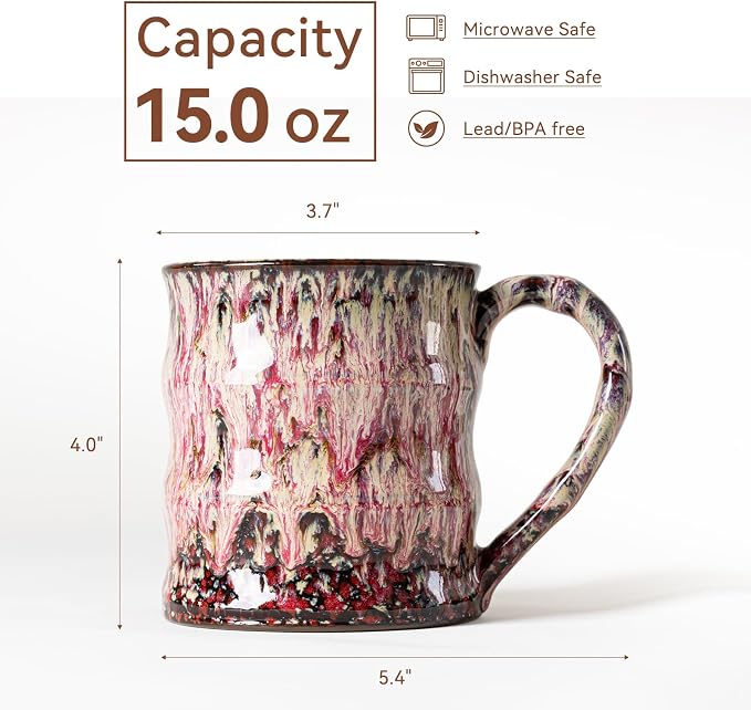 Unique Reactive Glaze Ceramic Coffee Mug - 15 oz Large Coffee Cup with Ergonomic Handle, Handmade Lava Red Ceramic Mug for Office & Home, Great Birthday Gift for Women, Men & Friends, Microwave Safe