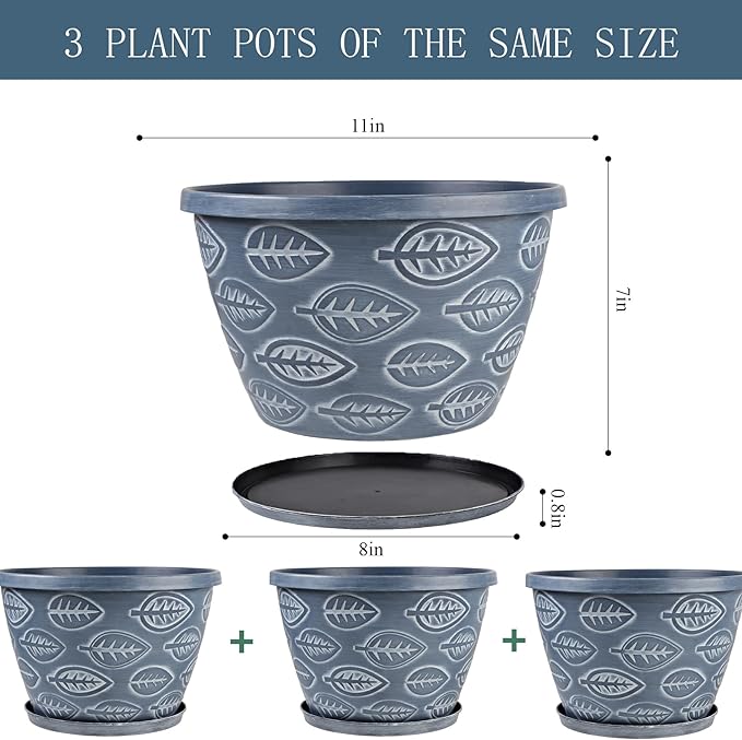 Outdoor Flower Pots for Plants Set of 3 Pack 11 Inch Planter Pot, Large Plastic Plant Pots Indoor Plants with Drainage Holes & Trays, Modern Decorative Garden Containers Sets for House(Blue)