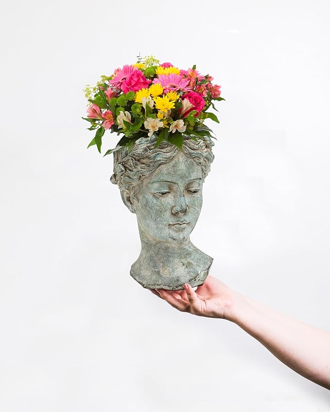 Abbott Collection Goddess Head Planter – Small Cement Indoor and Outdoor Planter Pot – Grecian Woman Statue Head Planter for Flowers and Succulents (Grey, 8.5" Tall, 3.5" Opening)