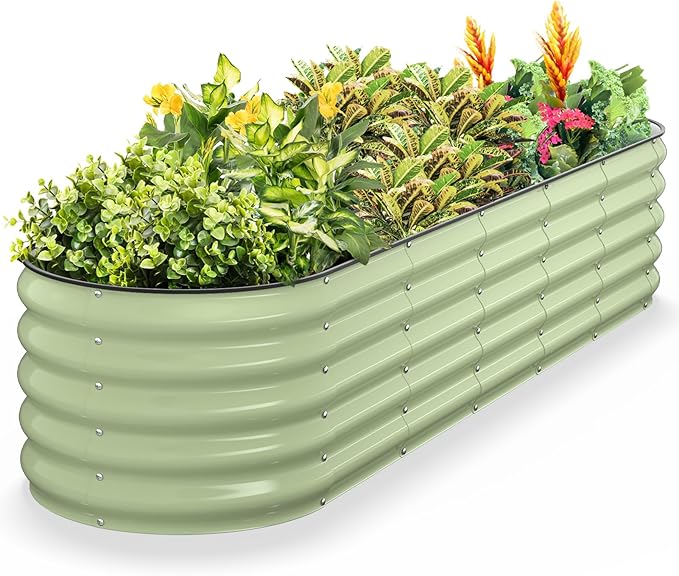 Kesfitt Raised Garden Bed, Metal Galvanized Steel Oval Garden Bed 8x2x1.5 ft with 18-Inch Deep Open-Bottom Design for Outdoor Vegetable Gardening, Fruit Green