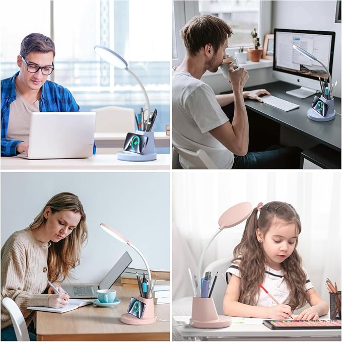comzler LED Desk Lamp with Wireless Charger Pen Phone Holder, Blue Desk Lamp for Home Office, Dimmable Desk Light 3 Color Modes, College Dorm Study Lamp for College Dorm, CRI 90 800 Lumen