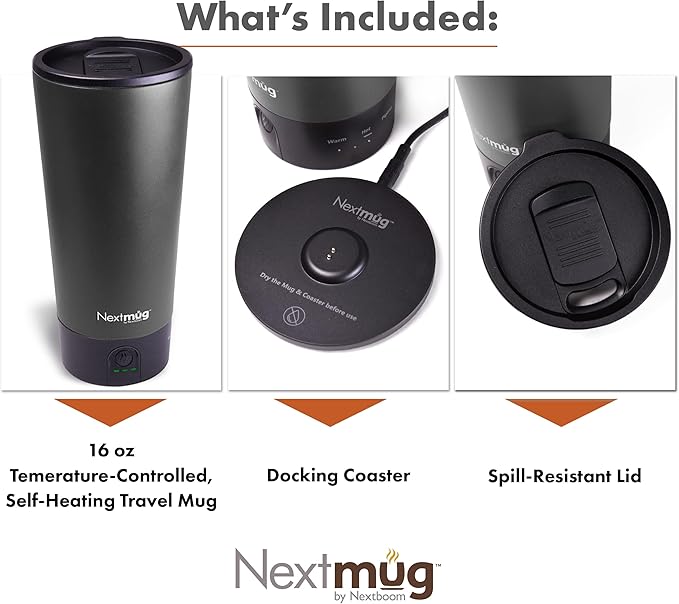 Nextmug Go - Temperature-Controlled, Self-Heating Travel Mug | (Black - 16 oz.) – No App, Long-Lasting Battery for Work & Study, Great Gift for Coffee Lovers