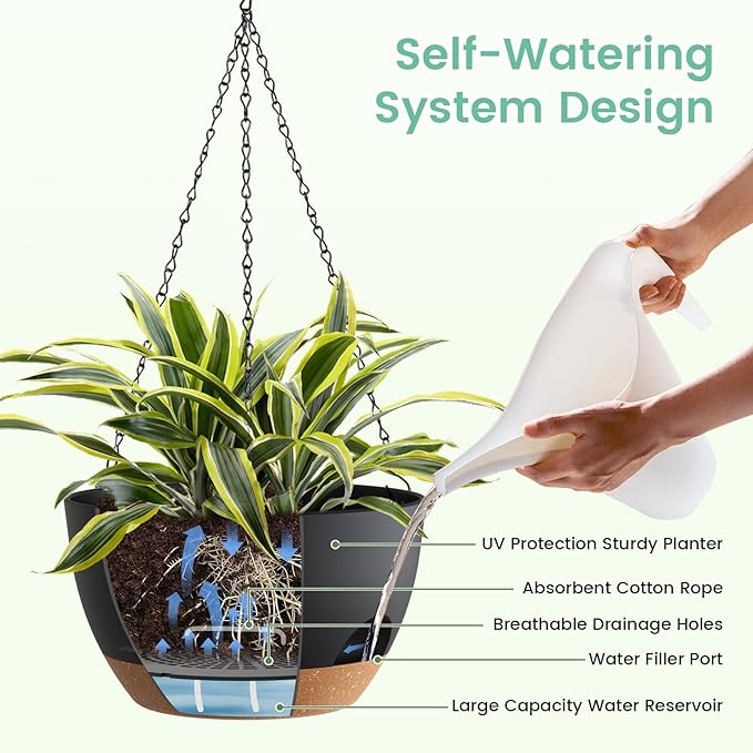 4 Pack 8 Inch Self Watering Hanging Planters for Indoor Outdoor Plants,Hanging Pots for Plants with Drainage Removable Tray, Hanging Baskets Flower Pots for Pothos Spider Garden Black with Brown
