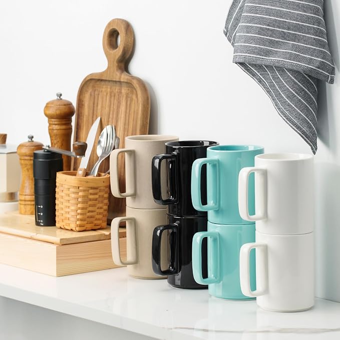 E-liu Large 15 Ounces Porcelain Coffee Mug Tea Mugs Set of 6 | Cups for Coffee, Tea, Cocoa, and Mulled Drinks , Dishwasher & Microwave Safe Gift Sets, White