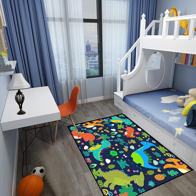 Dinosaur Rugs for Boys Bedroom Cute Dinosaur Area Rug and Leaves Print Dinosaur Rug Kids Rug Play Rug Dinosaur Carpets Cartoon Rug for Playroom Classroom,Blue 3'×4'