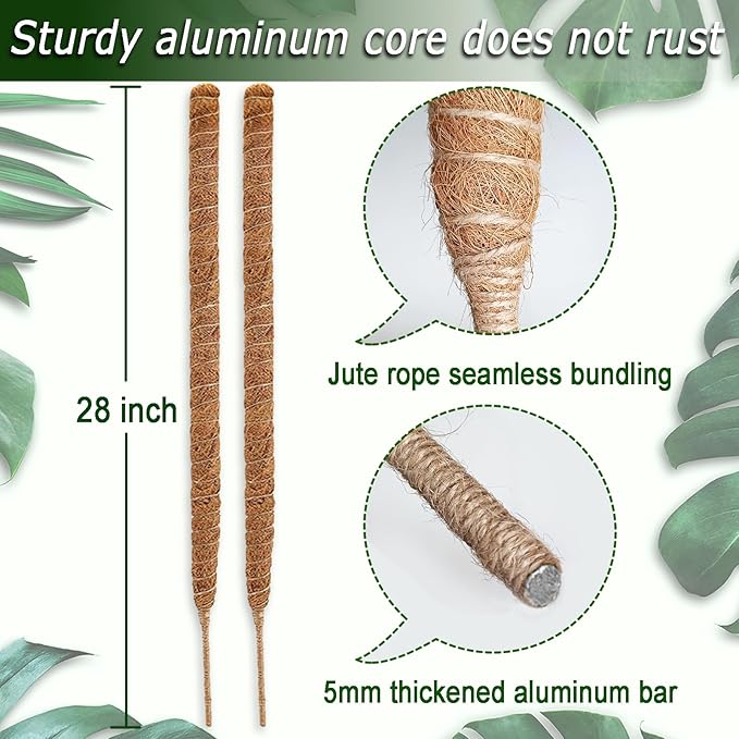 2 Pack Moss Pole, 28 Inch Bendable Moss Pole for Plants Monstera, Moss Poles for Climbing Plants Indoor, Coir Plant Pole Sticks Support Stakes for Potted Plant, Pothos, Philodendron
