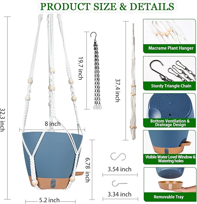 Hanging Planters for Indoor Plants 8 Inch, 2 Pack Hanging Baskets for Plants, Self Watering Hanging Flower Pots with Drainage Hole & 2 Kinds of Plant Hangers for Garden Home Decor (Navy Blue, 8 inch)