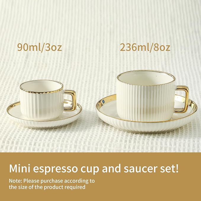 LETAOTAO Espresso Cups Set of 4, 3oz Espresso Cups and Saucers | Ceramic Coffee Cups with Gold Trim, Stackable Mini Demitasse Mugs for Espresso, Cappuccino,Latte, Americano and Tea