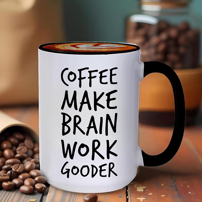 Veracco Coffee Make Brain Work Gooder Mug Funny Coffee Lover Gift Humorous Idea Family Friends Birthday Presents Sarcastic Office Tea Cup Caffeine Addict Brain Booster Gooder Vibes