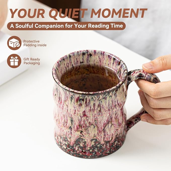 Unique Reactive Glaze Ceramic Coffee Mug - 15 oz Large Coffee Cup with Ergonomic Handle, Handmade Lava Red Ceramic Mug for Office & Home, Great Birthday Gift for Women, Men & Friends, Microwave Safe
