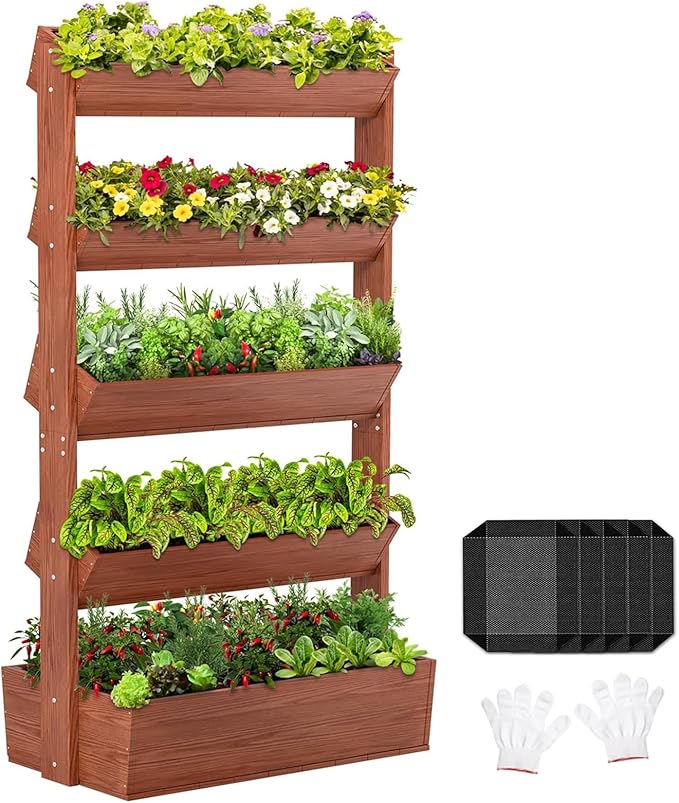 Wooden Vertical Raised Garden Bed, 5 Tier Garden Planters Raised Beds Freestanding Plant Stand Flower Rack Wooden Planter Box for Plants Herbs Flowers Vegetables Outdoor Indoor Gardening