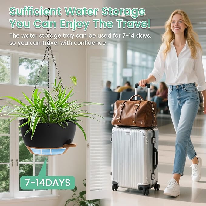 Set of 3-10 Inch Self Watering Hanging Planters for Indoor Outdoor,Hanging Plant Pots with Drainage & Removable Tray, Hanging Pots Holder for Ivy, Pothos, Ferns, Balcony & Patio, Black with Brown