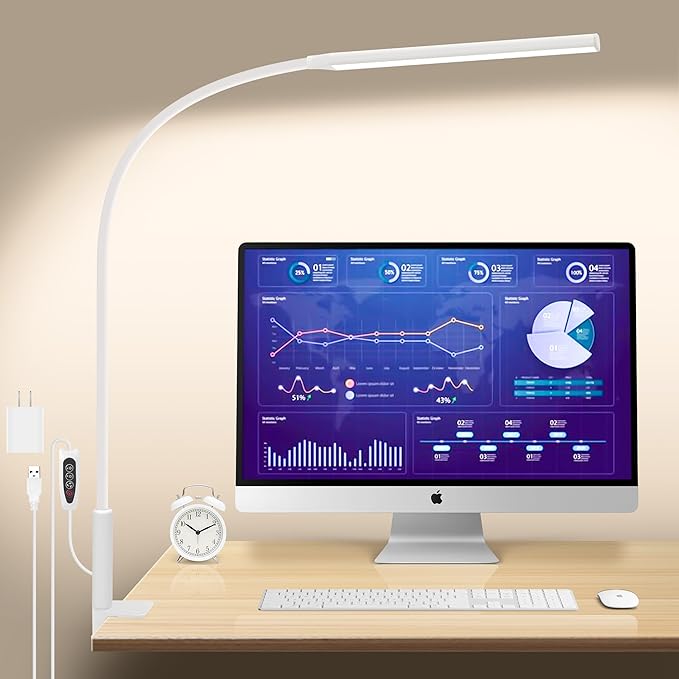 Desk Lamp with Clamp, Stepless Dimming Desk Lamps for Home Office Adjustable Desk Light Eye Caring Desk Lamp Office Lamp with USB Adapter for Working Drawing Sewing (White)