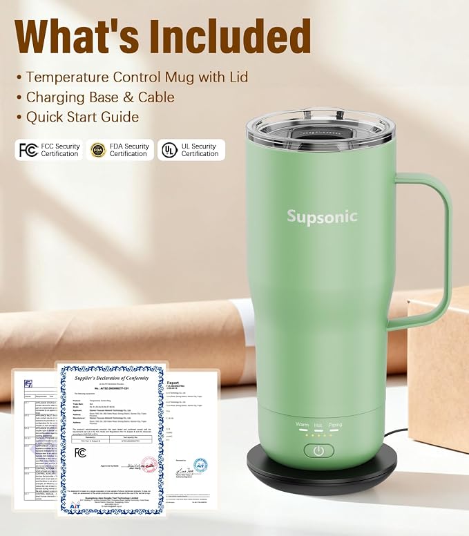 Supsonic Heated Coffee Mug Rechargeable, 20oz Long-Lasting Battery (S3) | Dry-burn protection, 2Hr auto-off, 3-Temp settings, Constant temperature, Inner stainless steel, Warm gift for men women