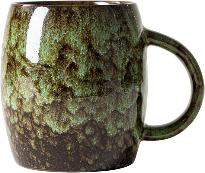 Unique Reactive Glaze Ceramic Coffee Mug - 14 oz Large Coffee Cup with Ergonomic Handle, Forest Green Ceramic Mug for Office & Home, Great Birthday Gift for Women, Men & Friends, Microwave Safe