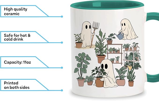 Hyturtle Cute Ghost Plant Mug Gifts For Plant Lovers on Birthday, Halloween | Garden Gifts for women, Gardening 11oz Ceramic Cup, Ghost Mug, Vivid double-sided fade-resistant print, Comfort grip handle