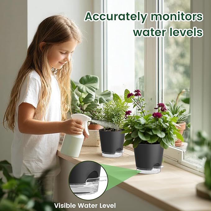 4 inch Self Watering Pots for Indoor Plants, 5 Pack Small Flower Plant Pots with Drainage Holes and Clear Reservoirs, Visible Water Level, Plastic Planters with Wicking Rope, Black