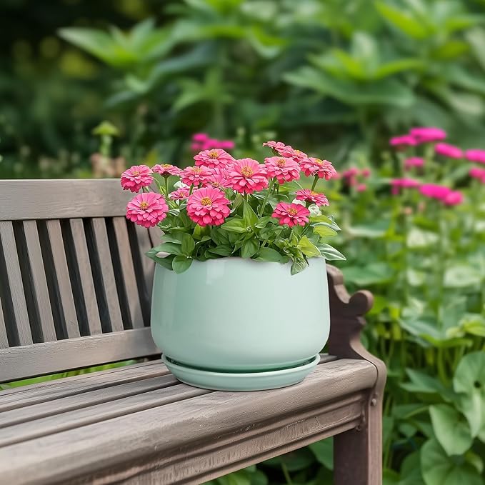 G EPGardening Ceramic Plant Pots - 7 Inch Planter for Indoor Outdoor Plants, Ceramic Planter with Drainage and Saucer, Round Modern Flower Pots, House Decor, Gift for Men Women, Green
