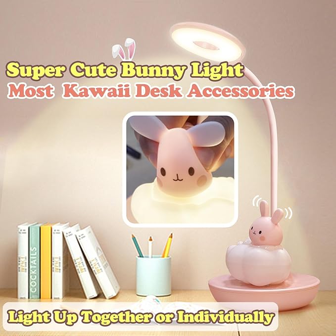 Kids Desk Lamp Pink, Dimming Desk Lamp for Girls with Exclusive Cartoon Look, Cute Night Light for Kids Bedroom, Eye-Caring LED Portable Reading Lamp for Child, Unique Gift (Pink Rabbit)