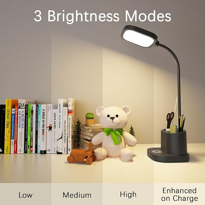 LED Desk Lamp for Home Office with USB Charging Port, Rechargeable Powered Table Lamp Battery Operated Cordless Reading Lamp, Pen Holder, 3 Way Dimmable, Bright, Tall, Flexible, Gooseneck, Black