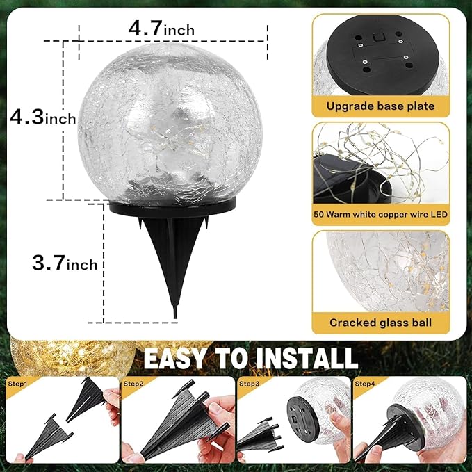 Solar Garden Lights Outdoor Waterproof, 4 Pack Cracked Glass Ball Light, Ground Landscape Garden Decor, Solar Globe Decorative for Pathway/Patio/Lawn/Yard (Multicolor, 4.7")