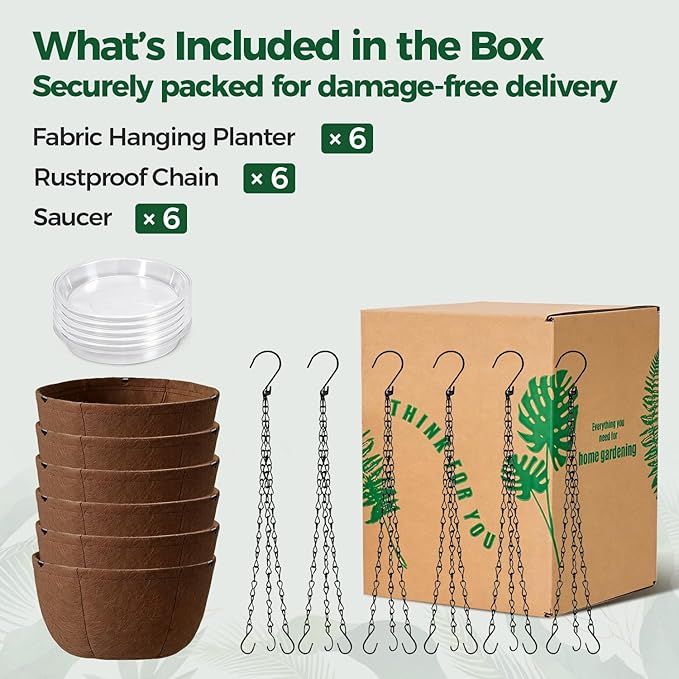 T4U Hanging Planters for Outdoor Plants, 12 Inch 6 Pack Fabric Hanging Baskets with Drainage Tray, Decorative Hanging Pots for Plants Outdoor Patio Porch Garden Use(Brown)