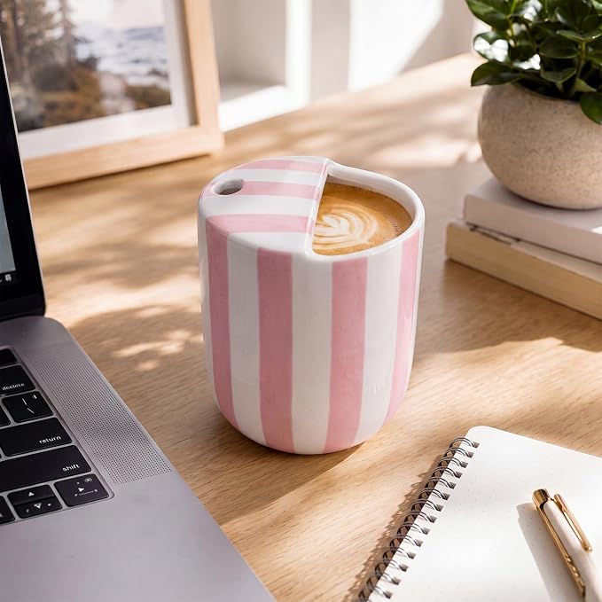 Ceramic Mug with Sip Hole 10 oz Novelty Pink Striped Ceramic Coffee Mug Hand Painted Travel Mugs Heat Resistant Non Slip Built in One Lid Handcraft Mugs for Coffee Lovers Appreciation Gift
