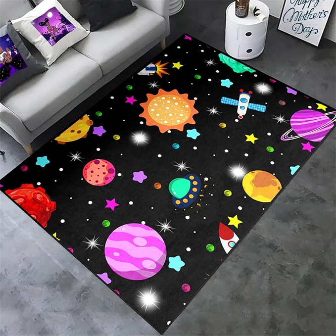 Space Rug - Space Rug for Boys Room Solar System Rug Planet Carpet for Kids Outer Space Area Rug Bedroom Boys Kids Rugs for Playroom Galaxy Rugs for Boys Bedroom,Black,5'×7'