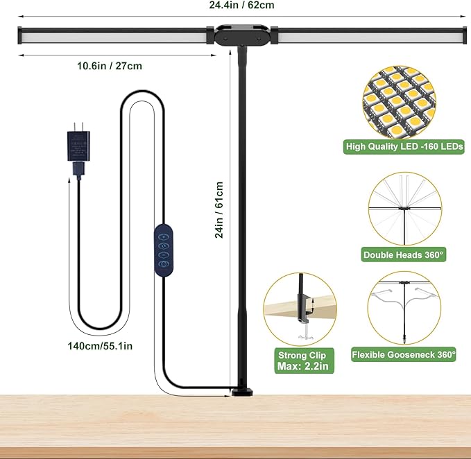 Desk Lamp for Office Home - LED Reading Light 160 LEDs with Clamp Table Lamps Eye-Caring Study Clip on Lights 3 Modes & Stepless Dimming Double Head Computer Lighting for Home, Office and Bedroom