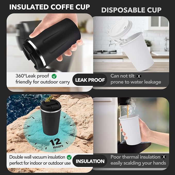 Volhoply 12 oz Double Wall Insulated Vacuum Travel Coffee Mug with Flip Lid Bulk 8 Pack,Reusable Stainless Steel Leak Proof Coffee Cup,Portable Cafe Thermal Tumblers for Hot & Cold Drinks(Black,8 Set)