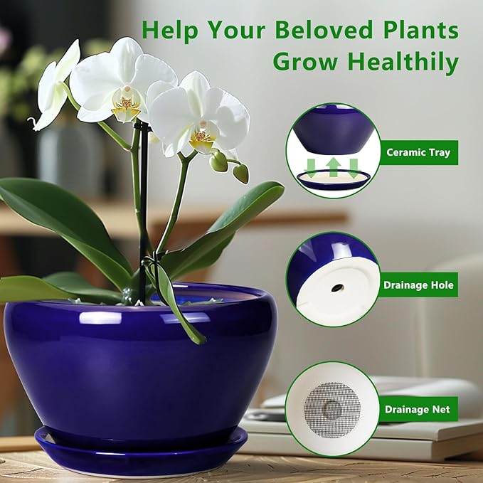 Planter for Indoor Plants 9 Inch - Ceramic Plant Pot for Indoor Plants Round Planter Outdoor Flower Pot with Drainage Hole and Saucer for Home Office Patio Decor Blue