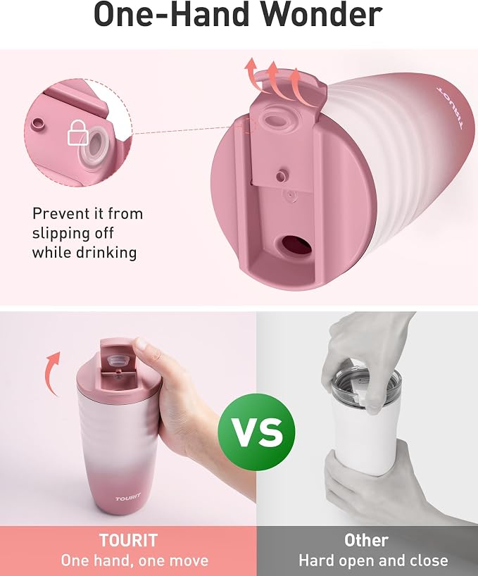 TOURIT 16 oz Travel Coffee Mug, Vacuum Insulated Stainless Steel Tumbler with Ripple-Wave Anti-Slip Grip, Built-in Silicone Bottom for Quiet & Stable, Leak-Proof Lid, Fits Car Cup Holder, Rose
