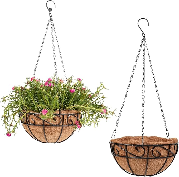 2 Pack 12 inch Metal Hanging Baskets for Plants Outdoor, Hanging Planters Basket with Coco Liners, Hanging Baskets Flower Pots for Garden, Patio, Deck, Porch Plants