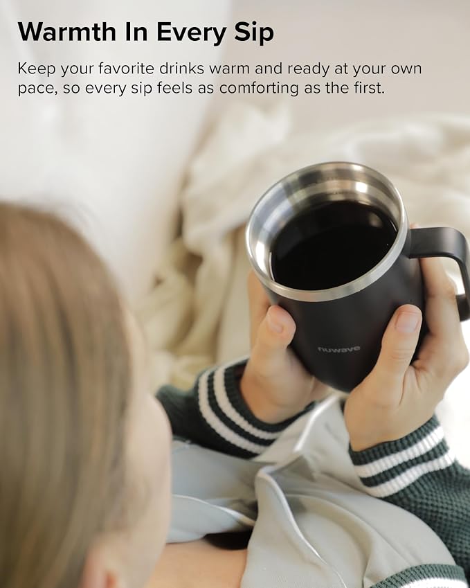 Nuwave Self-Heating Coffee Mug with Charging Base, 16oz, 45201BV02 | Heated Coffee Cup, 5Hr Cordless Runtime, LED Touch Controls, Adjustable Brew Settings, Includes Stainless Steel Filter