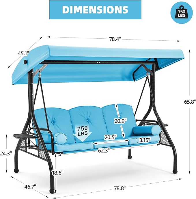 HOMREST 3 Seat Outdoor Porch Swing with Adjustable Canopy, Convertible Patio Swing Bed with Stand, Patio Glider Swing with Upgraded Cup Holder, Thicken Cushions & Pillow for Backyard(Sky Blue)