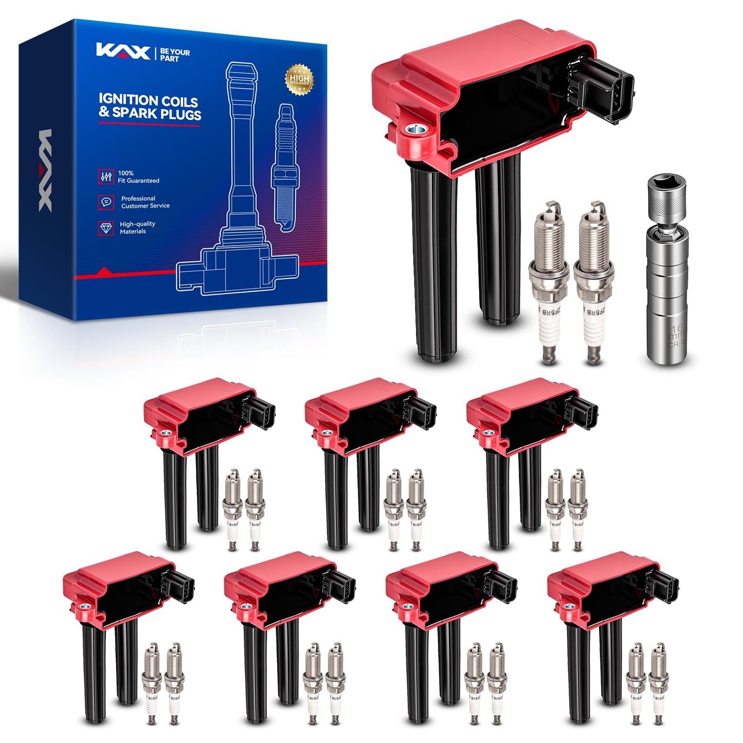 KAX 8Pcs Ignition Coils and 16Pcs Iridium Spark Plugs w/Tool Kit for 5.7 Hemi Dodge Ram 1500, Chrysler 300, Challenger Charger D