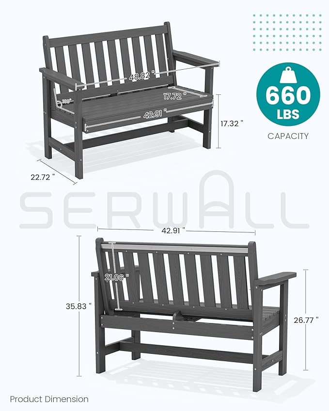 SERWALL Outdoor Bench, HDPE Outdoor Benches Weatherproof, 2-Person Garden Bench with 660 lbs Weight Capacity, Patio Benches for Outdoors, Garden, Porch, Backyard and Park, Grey, 4 Pack