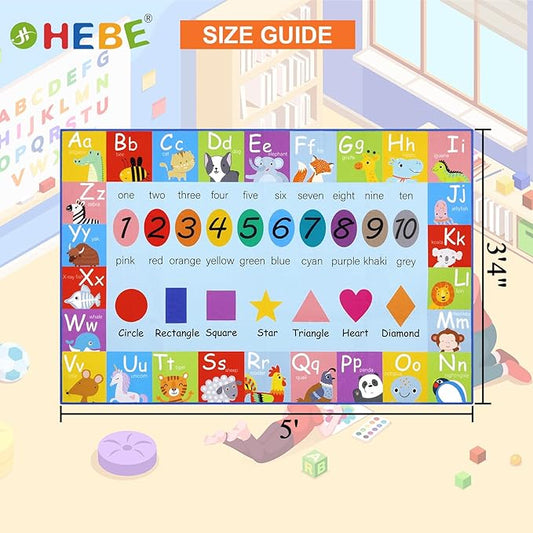HEBE Kids Play Rug 3'4"x5' ABC Alphabet Numbers Shapes Educational Kid Area Rug Washable Baby Crawling Mat Non Slip Kid Play Mat Carpet for Girl Boy Bedroom Playroom