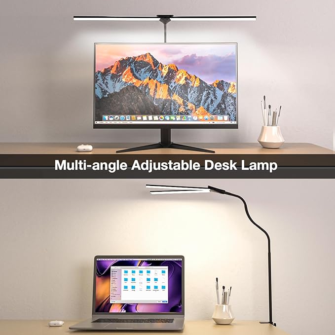 LED Desk Lamp for Home Office,Bright Double Head Desk Lamp with Clamp,Dimmable 5 Color Modes Desk Lighting,12W Eye-Caring Architect Table Lamp for Workbench,Monitor,Reading,Study,1400lm