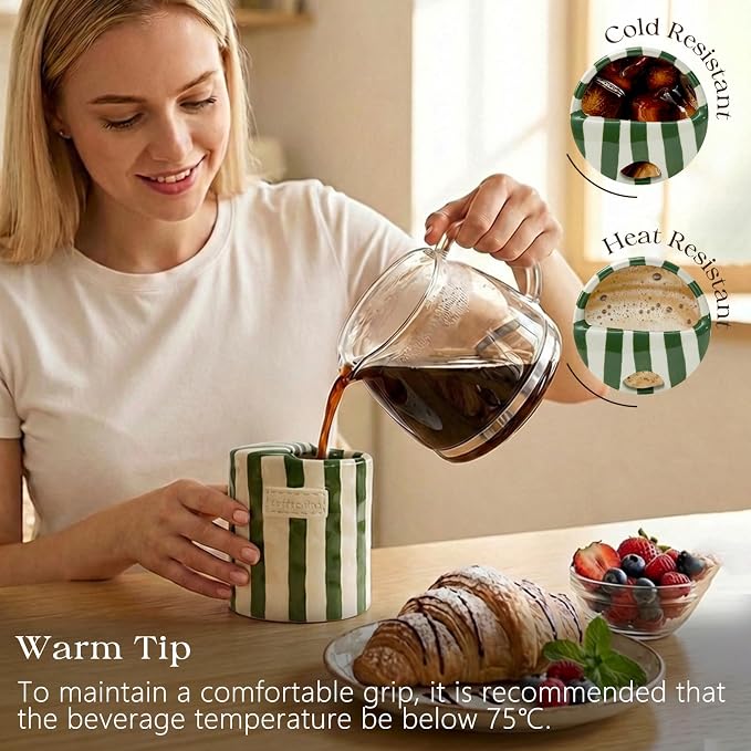 Ceramic Coffee Mug with Lid, Ceramic Travel Mug with Straw Hole, 12oz Retro Striped To Go Coffee Mug for Hot & Cold Drinks, Microwave & Dishwasher Safe,Green