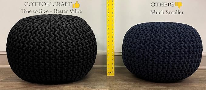 COTTON CRAFT - Hand Knitted Cable Style Dori Pouf - Blue - Floor Ottoman - Cotton Braid Cord - Handmade & Hand Stitched - Truly one of a Kind Seating - 20 Dia x 14 High